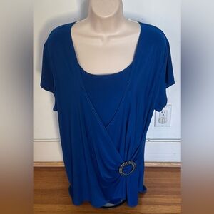 NWT Rachel Rachel Royal Blue Draped faux wrap Blouse with Buckle, size 1X USA